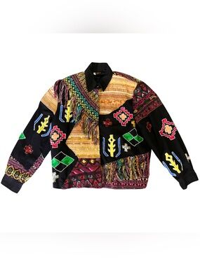 Modi Denim Vintage Southwestern Jacket Large Embroidered Fringe Patchwork Art